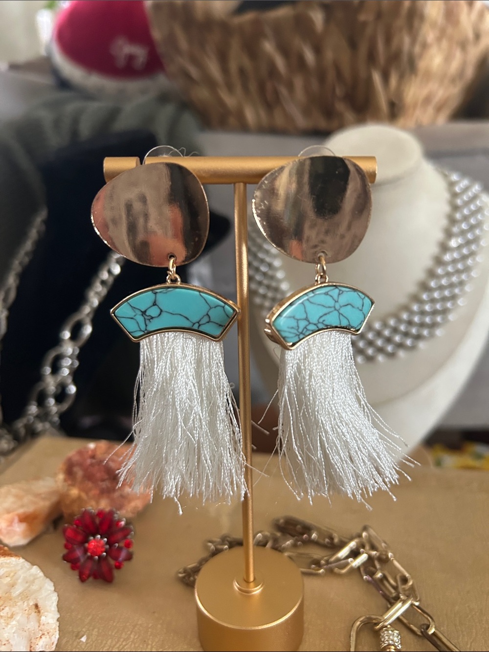 Paparazzi “Insta Ink” Turquoise and White Tassel Drop Earrings with Gold Discs